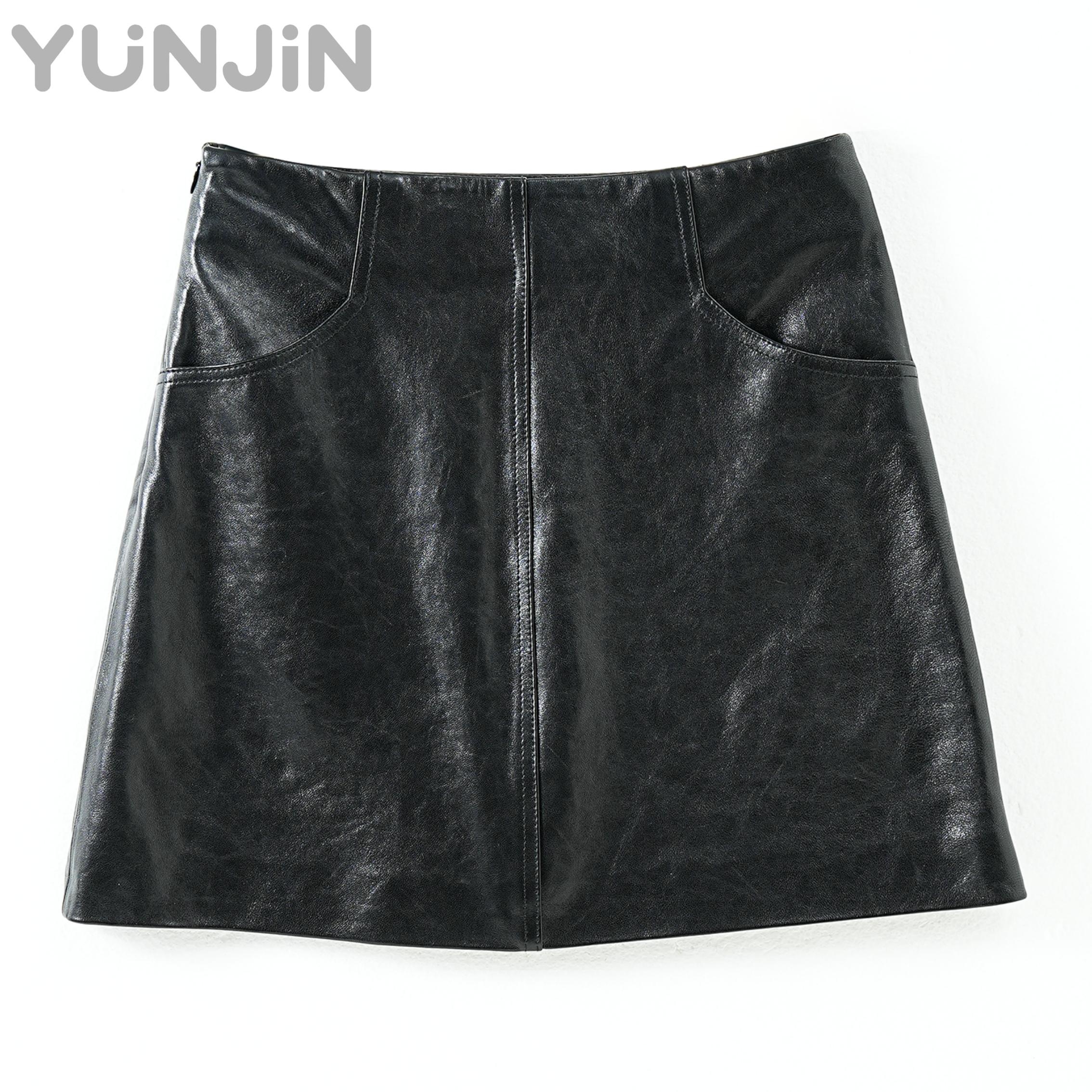 Women's Waxed Sheepskin Leather Skirt High Waisted A-line