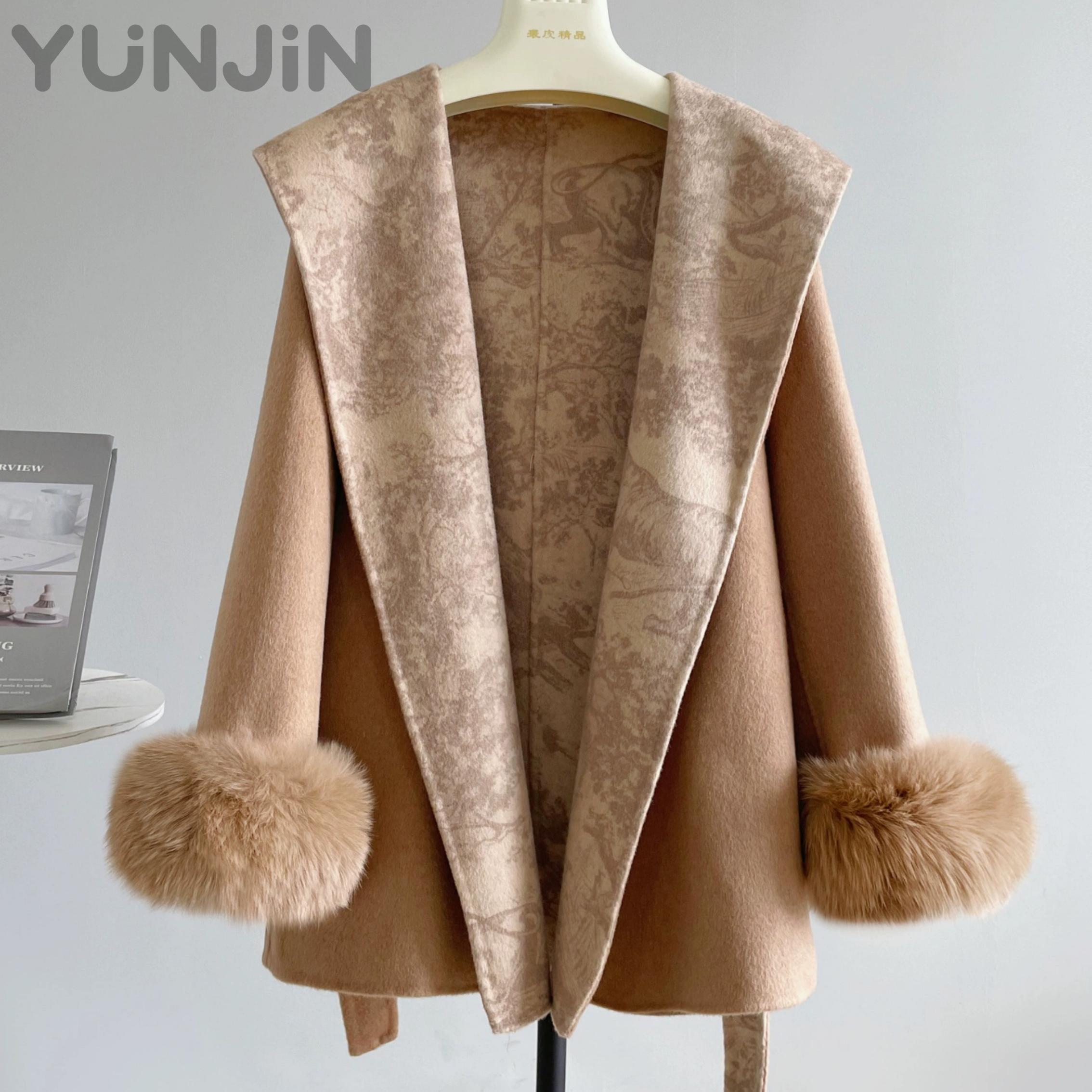 Fox-Fur-Sleeve Double Face Wool Coat Women Hooded Winter