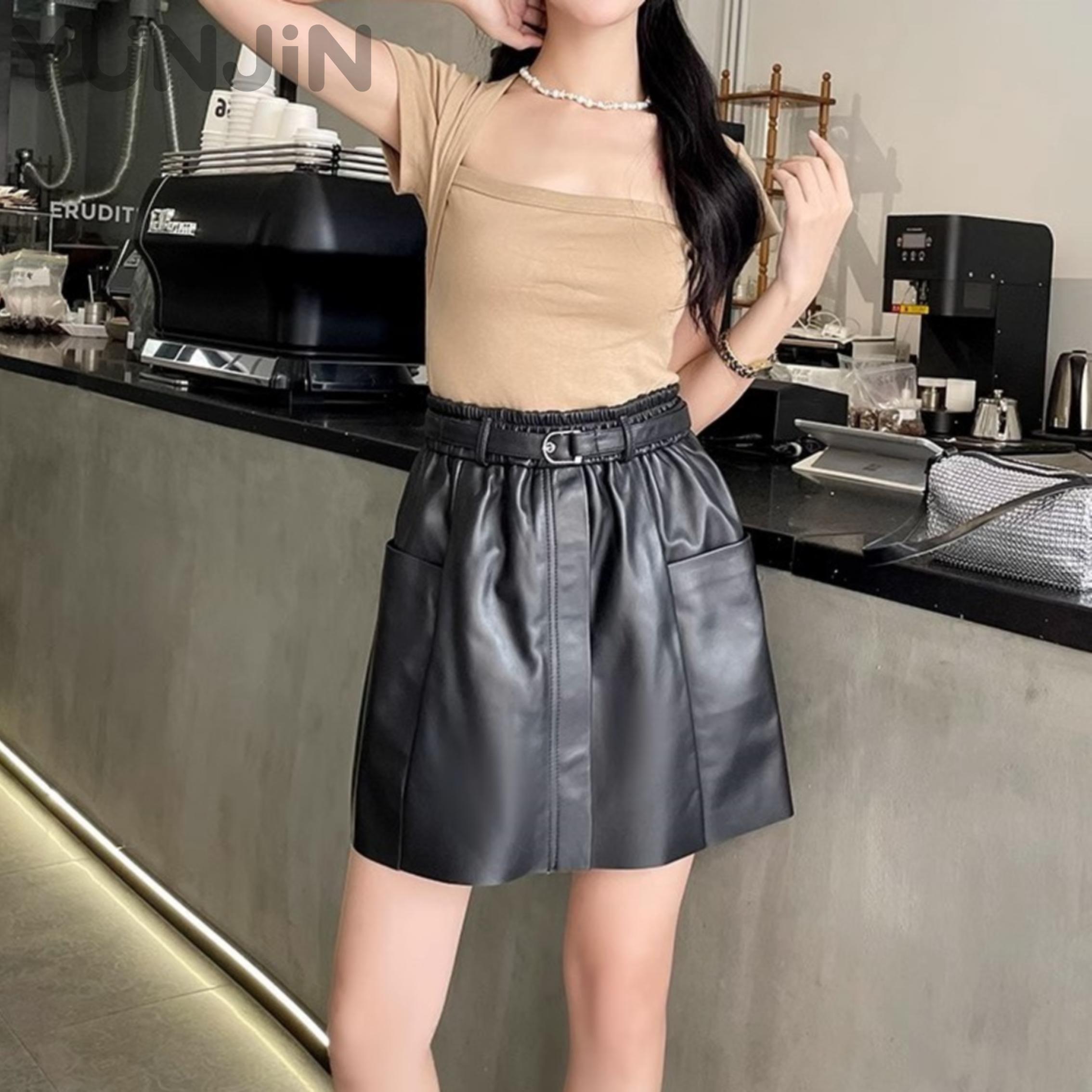 Women Genuine Sheep Leather Skirt Relaxed a Line