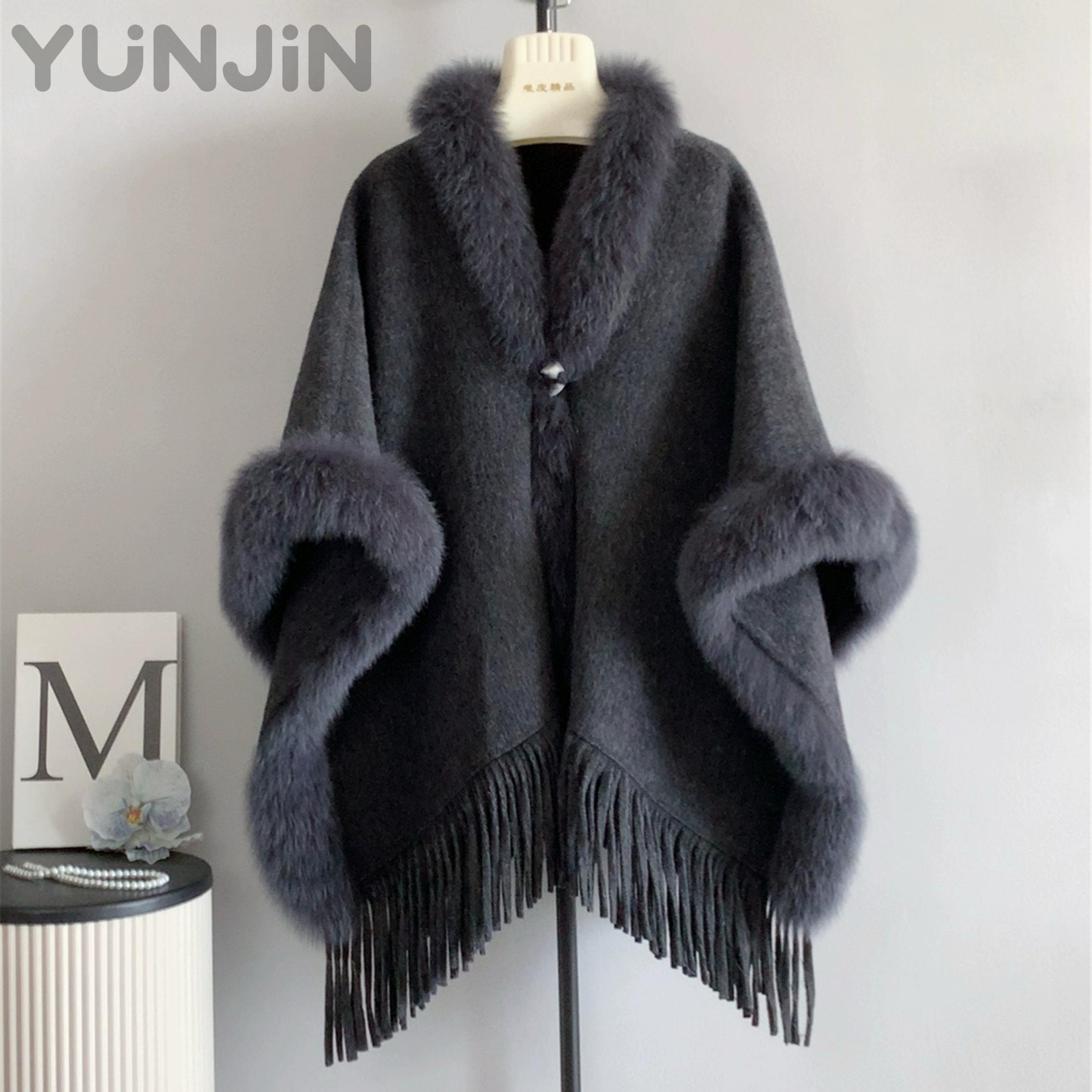100% Wool Cape Coat Women Fox-Fur Shawl Collar