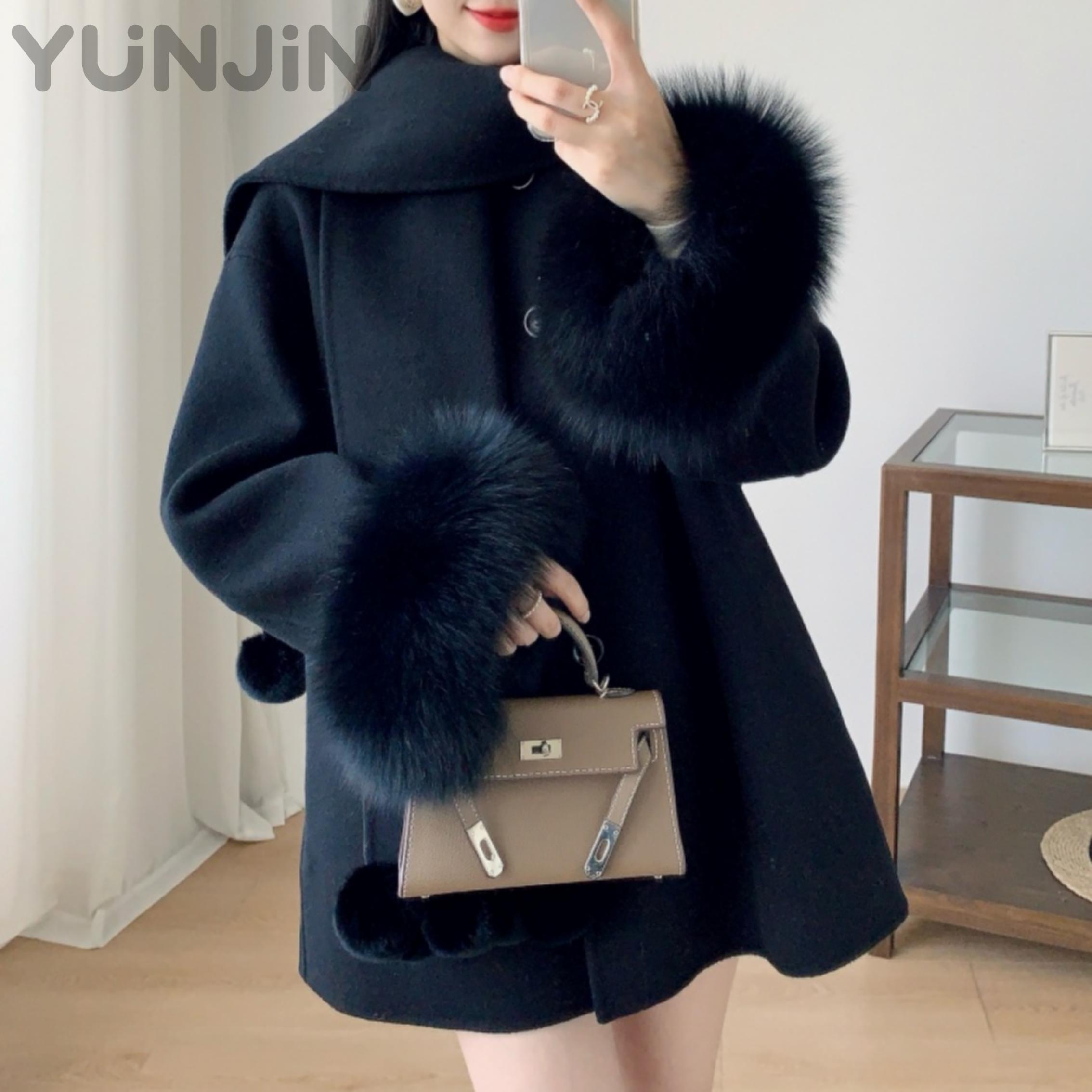 Winter Fox-Fur-Cuff Double Face Wool Coat Women Scarf