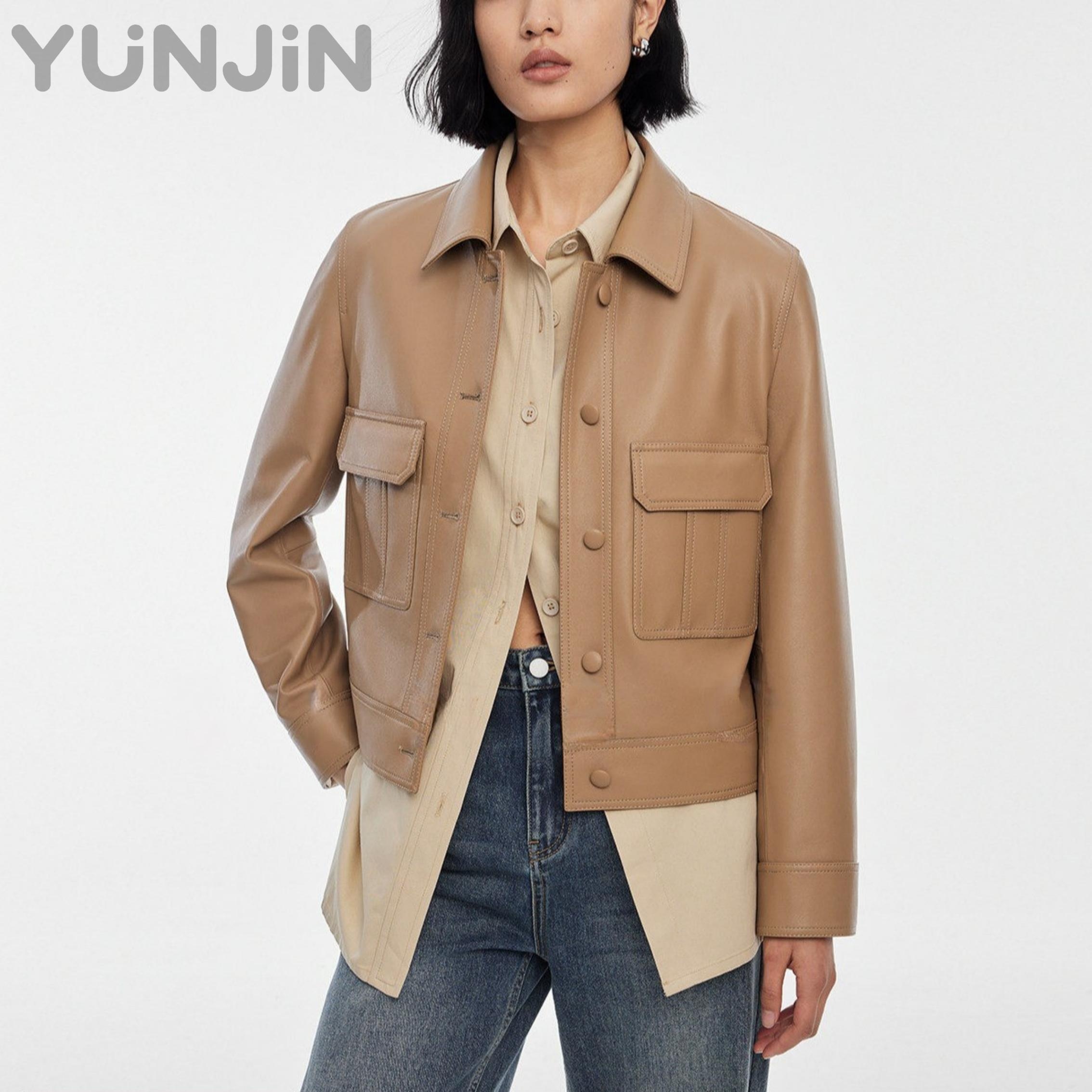 Women Sheep Leather Jacket Lapel Collar Cropped Casual