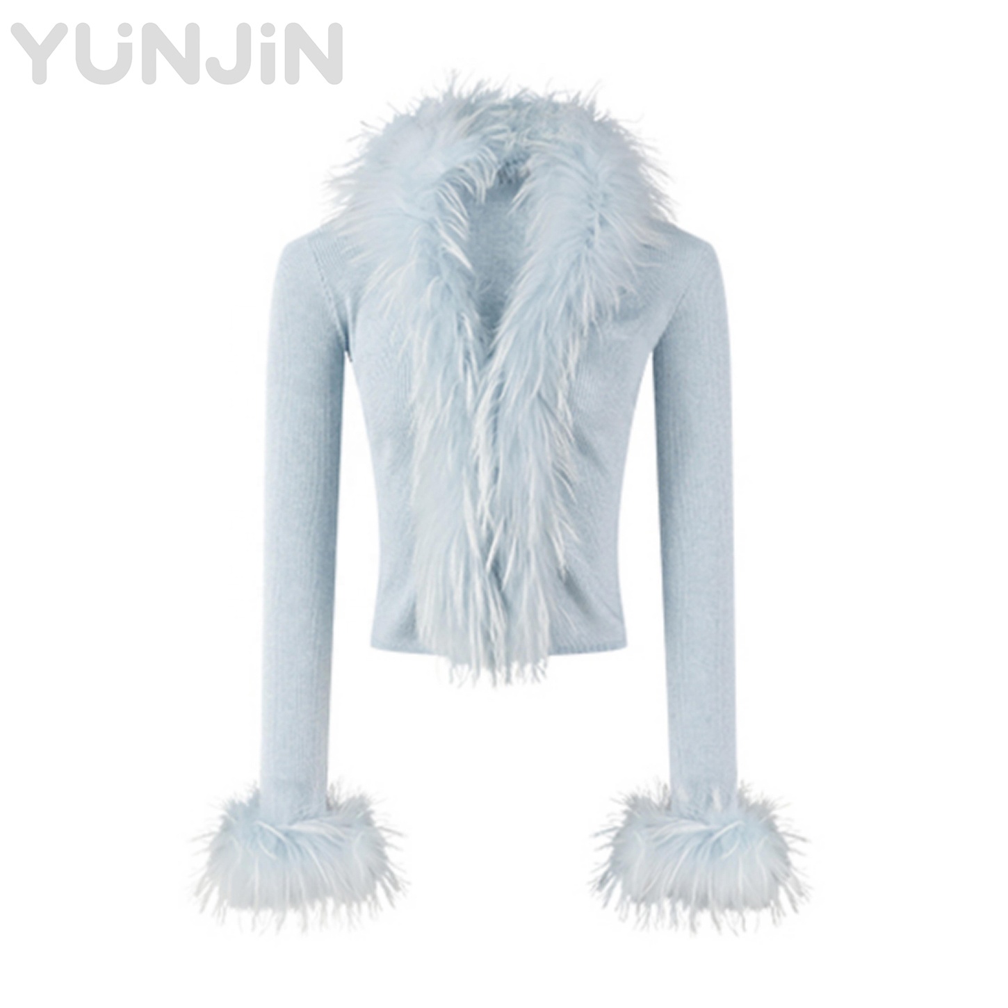 Fashion Real Fox Fur Placket Trim Women Knit