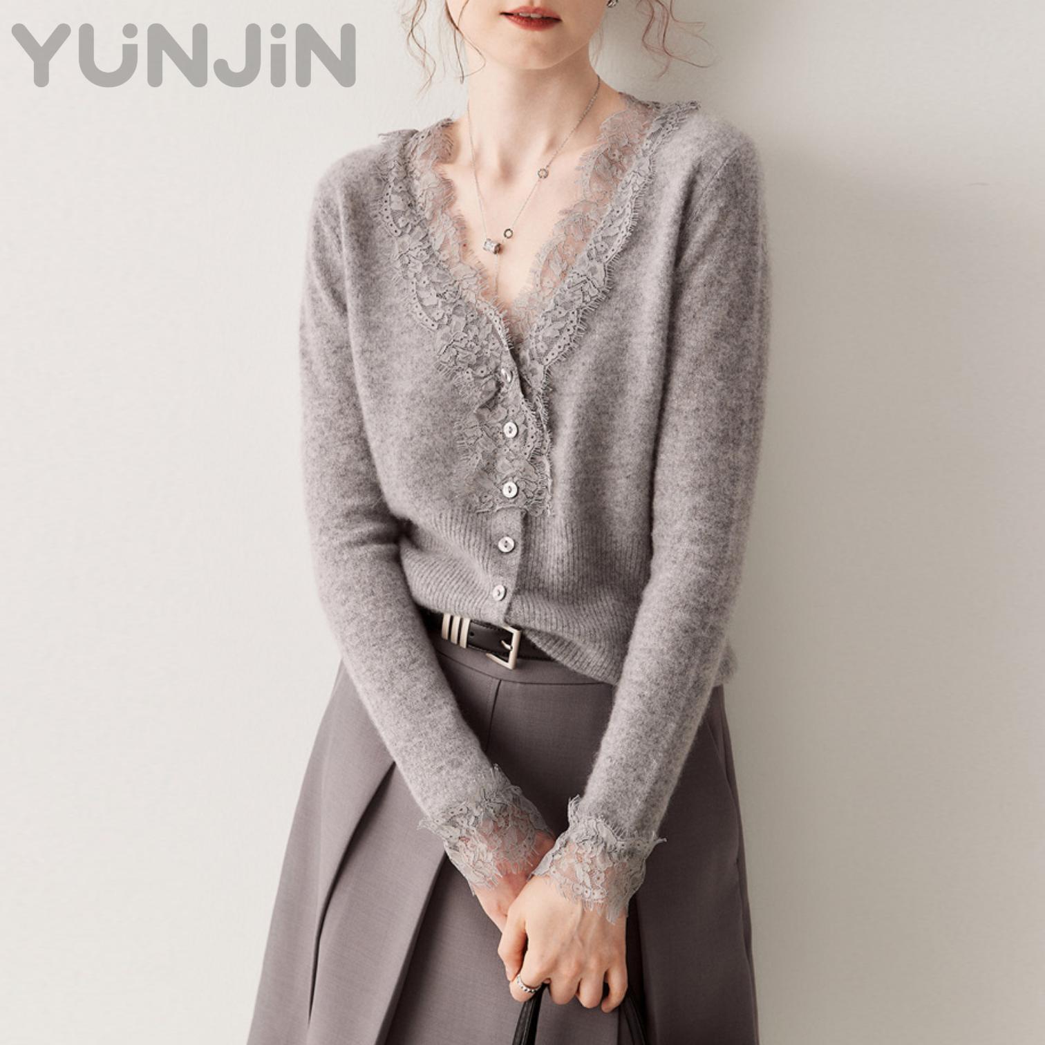 Women's Design Wool Cashmere Lace V-neck Knitted Cardigan