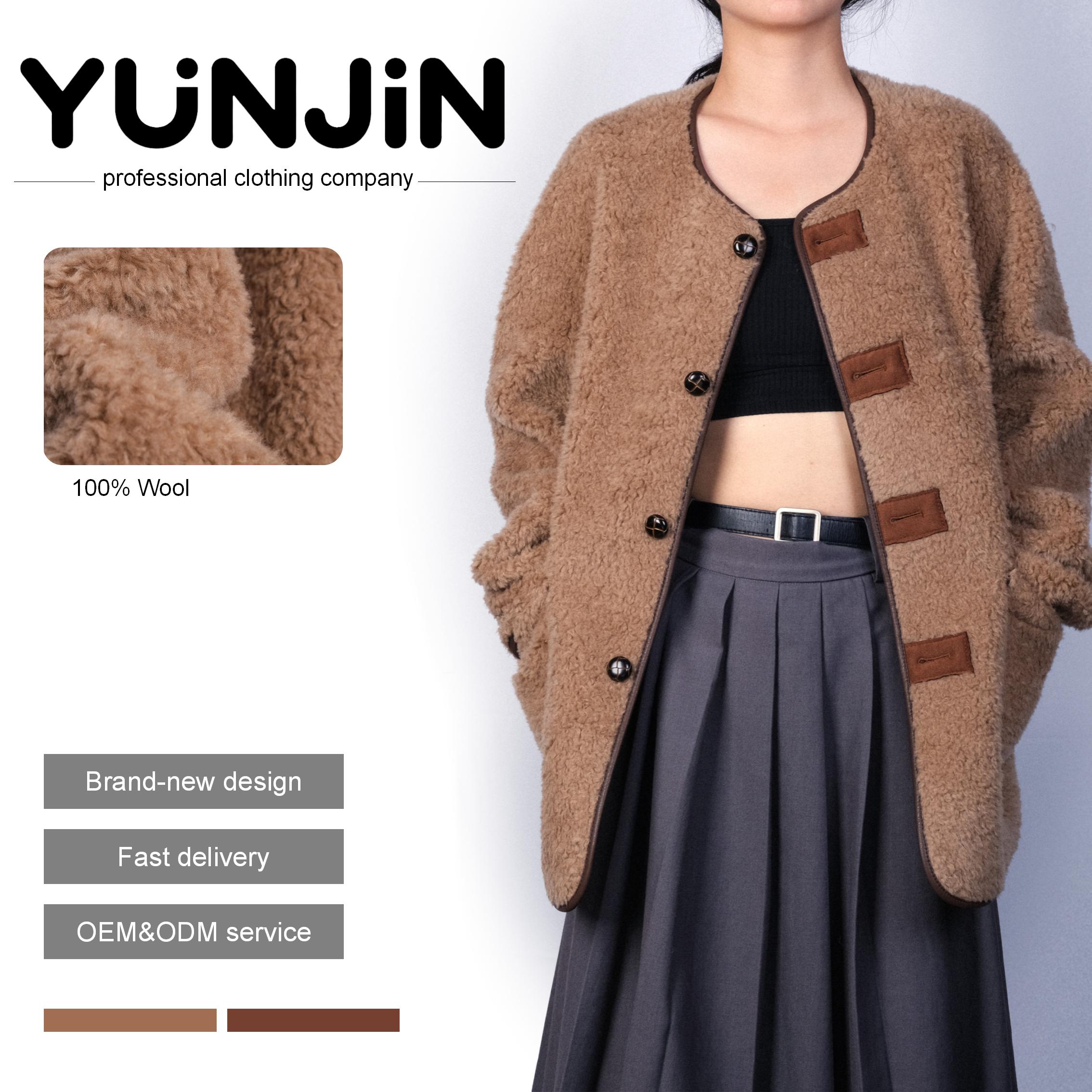 YUNJIN Women Genuine Wool Fur Warm Brown Coat