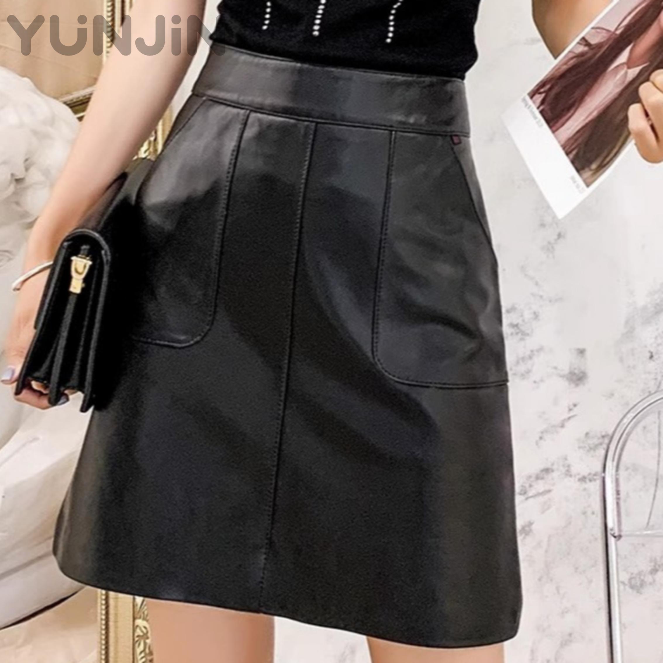 Women Genuine Sheep Leather Skirt High Waist Slim