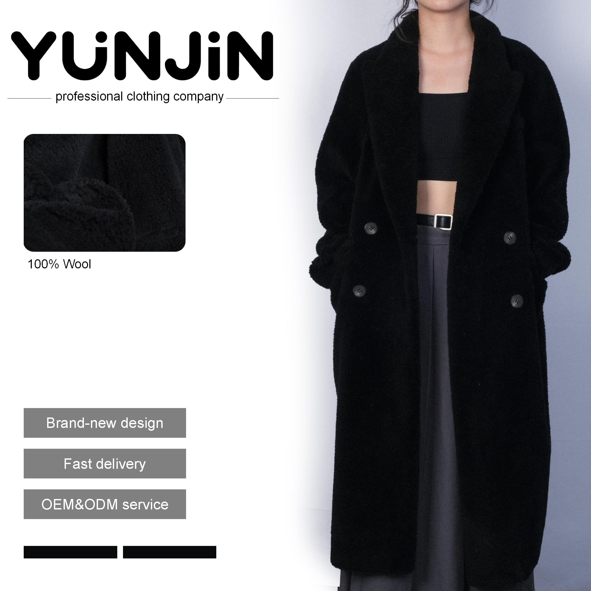 YUNJIN Women's Pure Wool Fur Double Breasted Warm