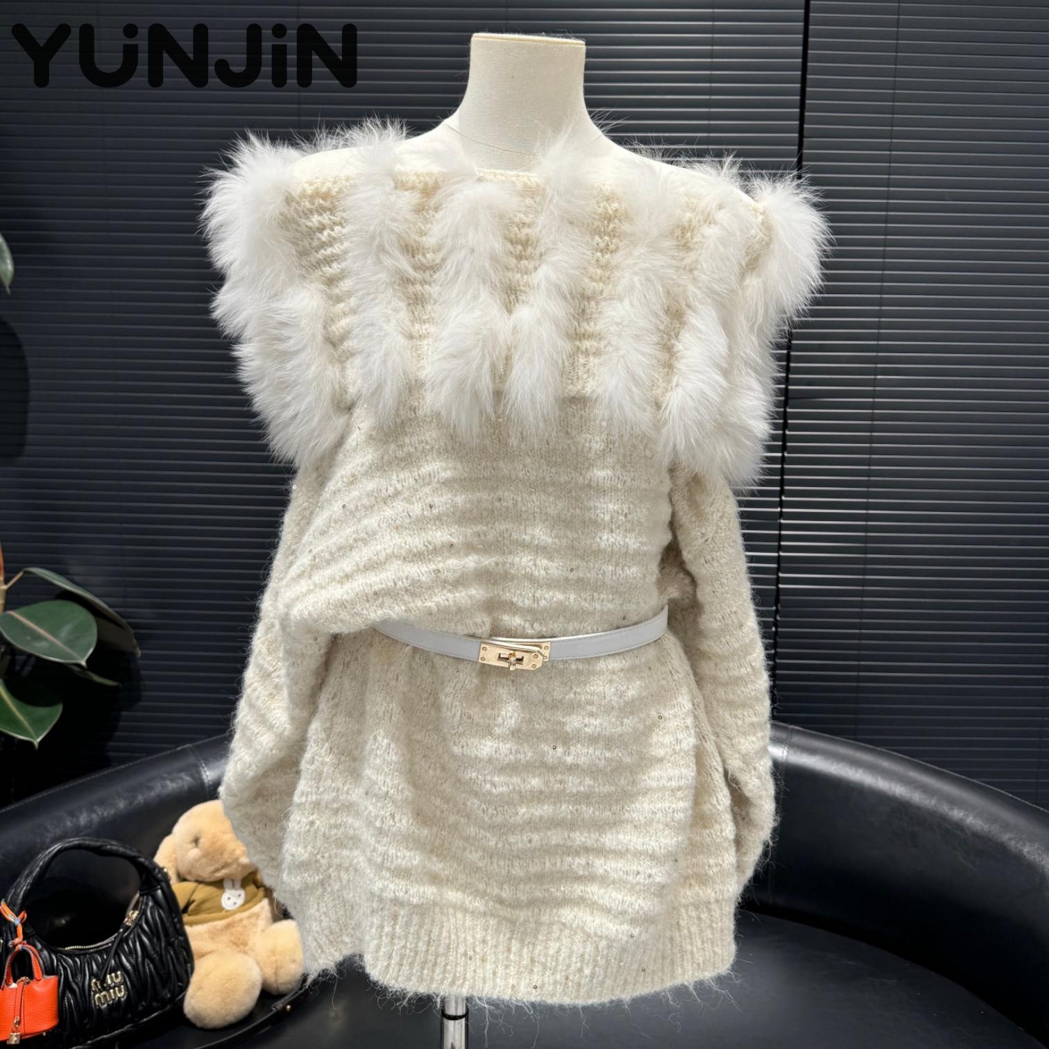 Design Genuine Fox Fur Trim Knit Wool Sweater