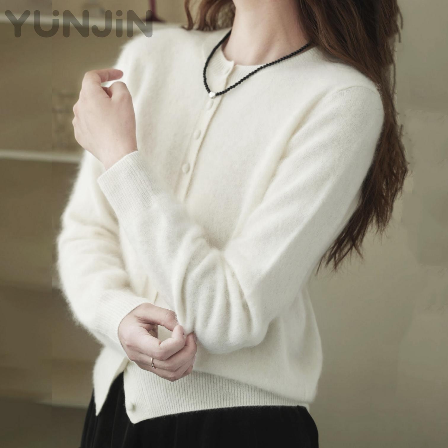 Women's Wool Cashmere Fluffy O-Neck Knitted Sweater Cardigan