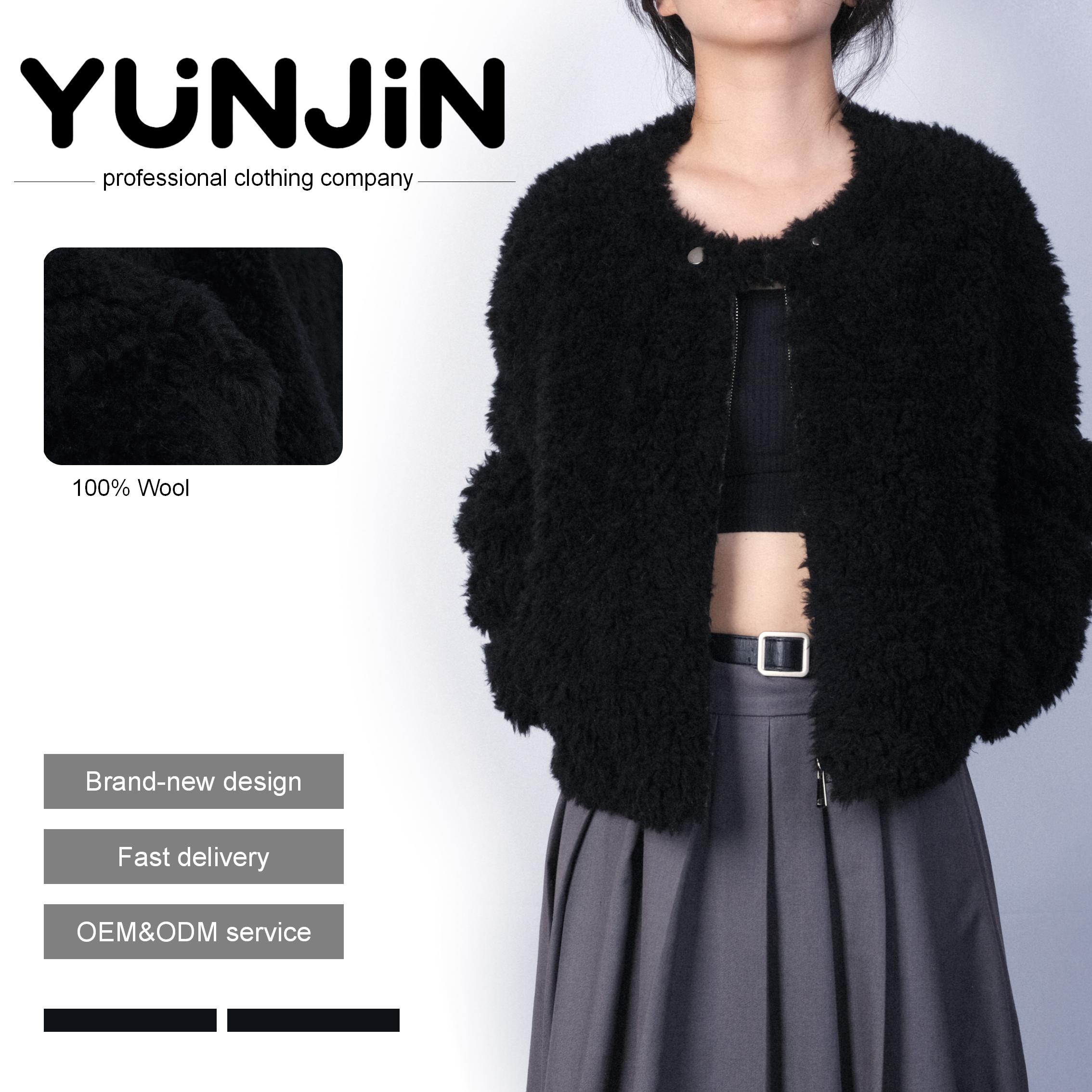 YUNJIN Women's Winter Real Wool Fleece Cropped Jacket