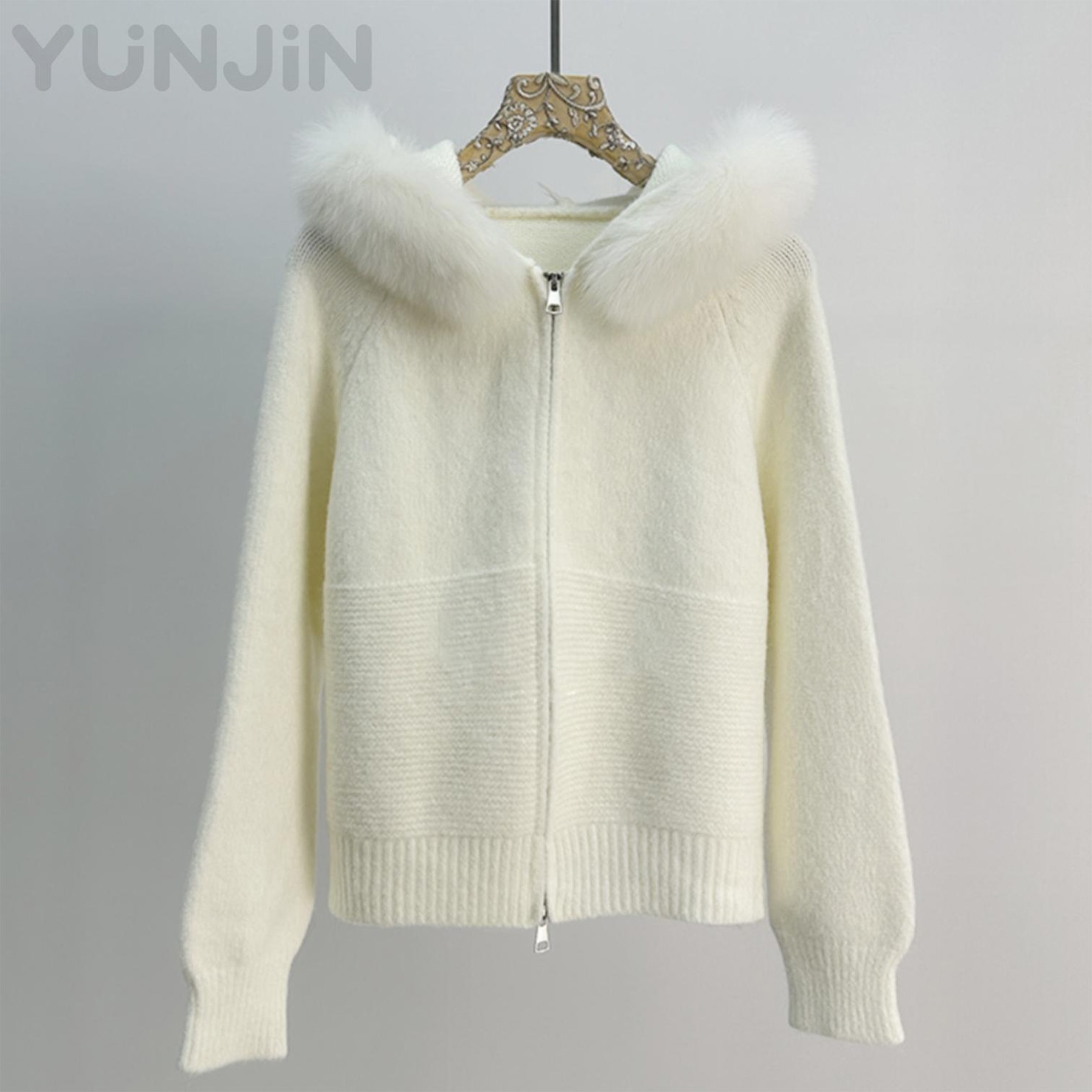 Waffle Knitted Real Fox Fur Collar Cardigan Crochet