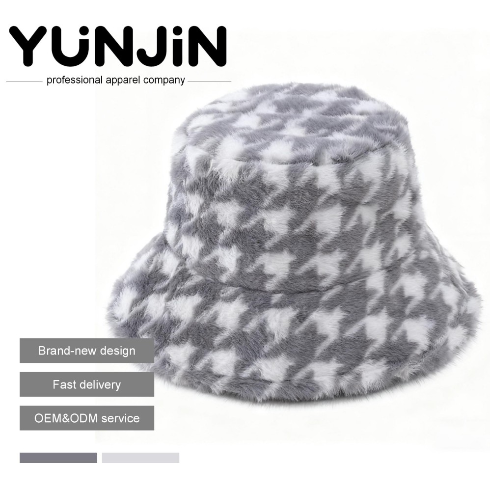 YUNJIN Logo Retro Grey-White Plaid Fluffy Bucket Hat