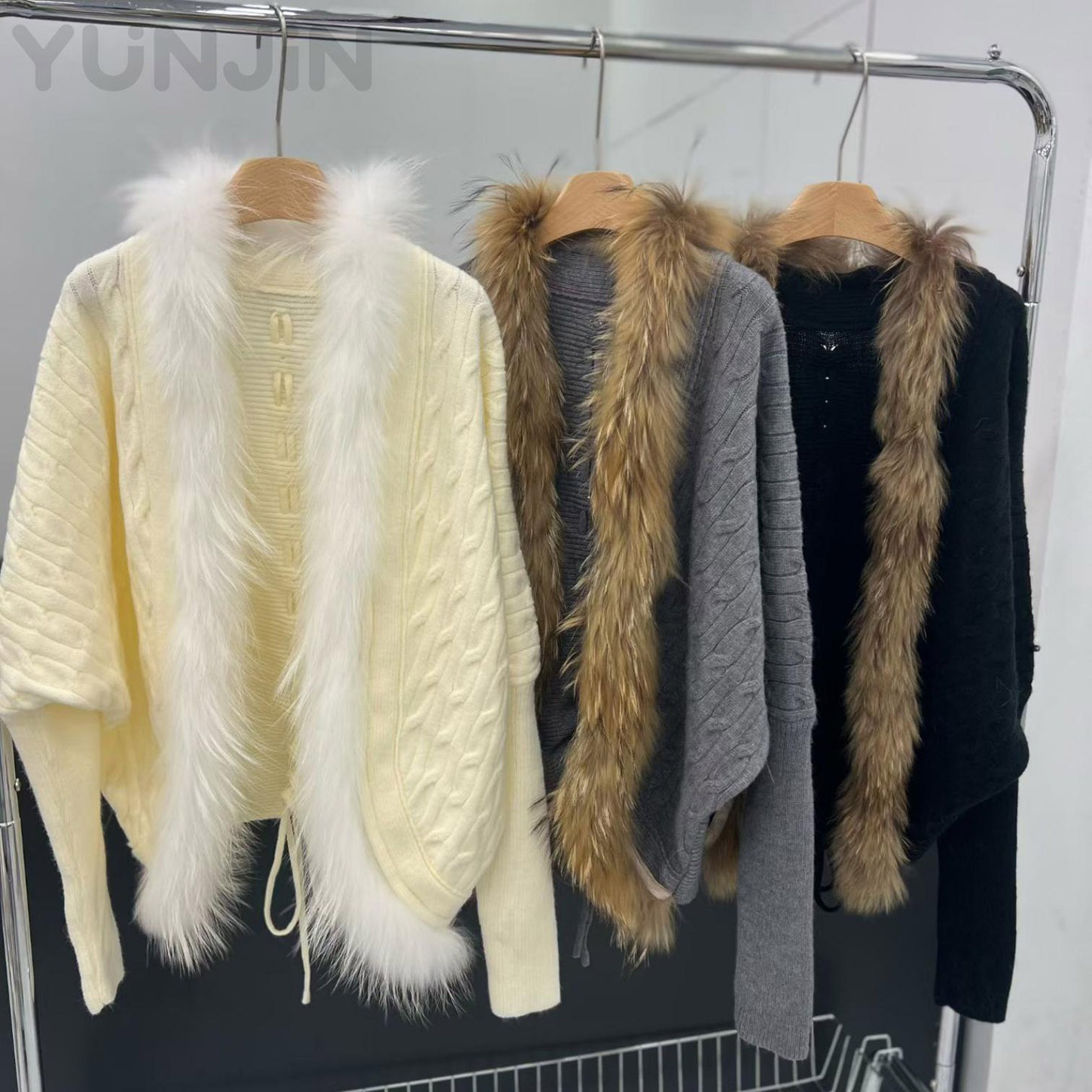 New Real Fox Fur Trim Cardigan Sweater Women's