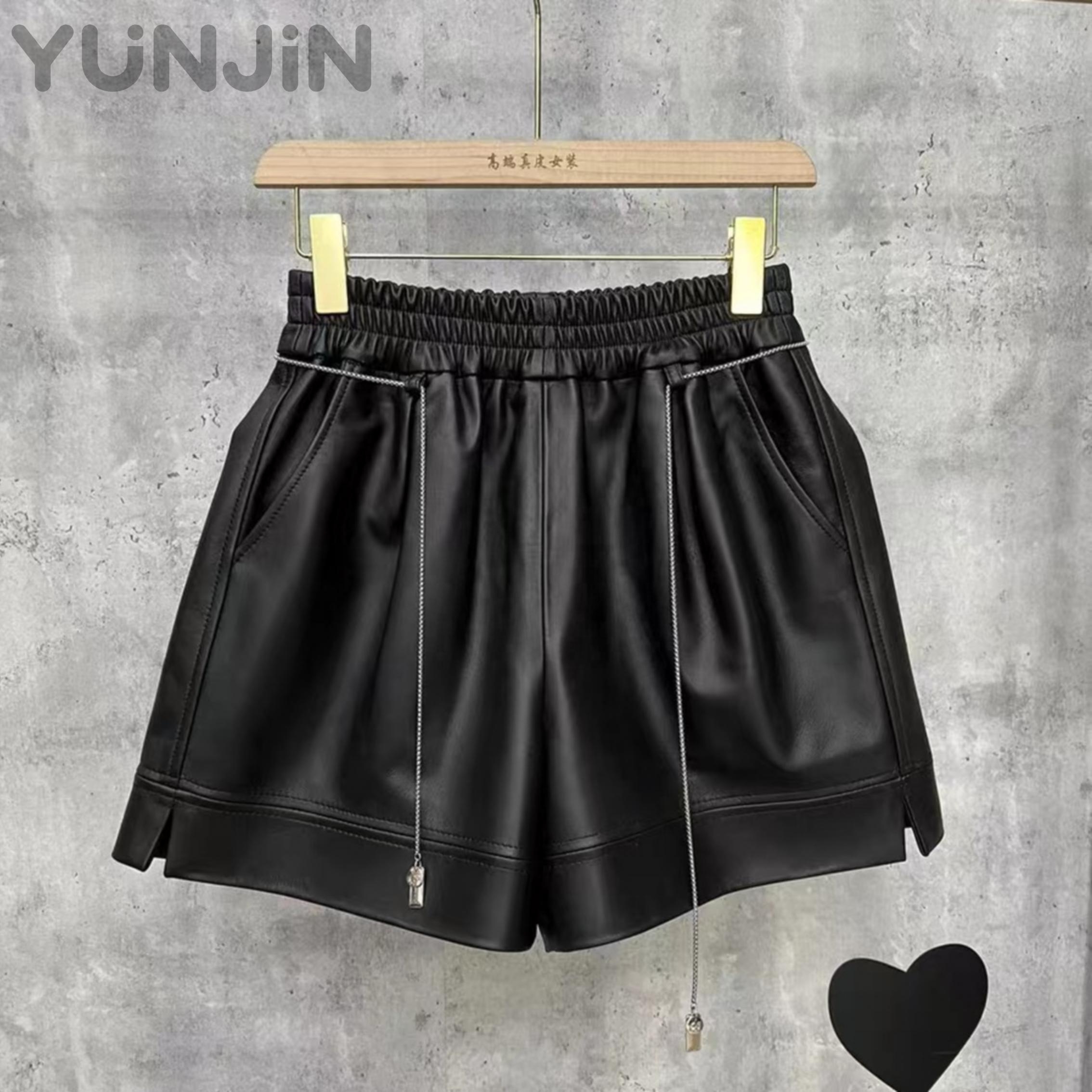 Women Genuine Sheep Leather Shorts Black Wide Leg