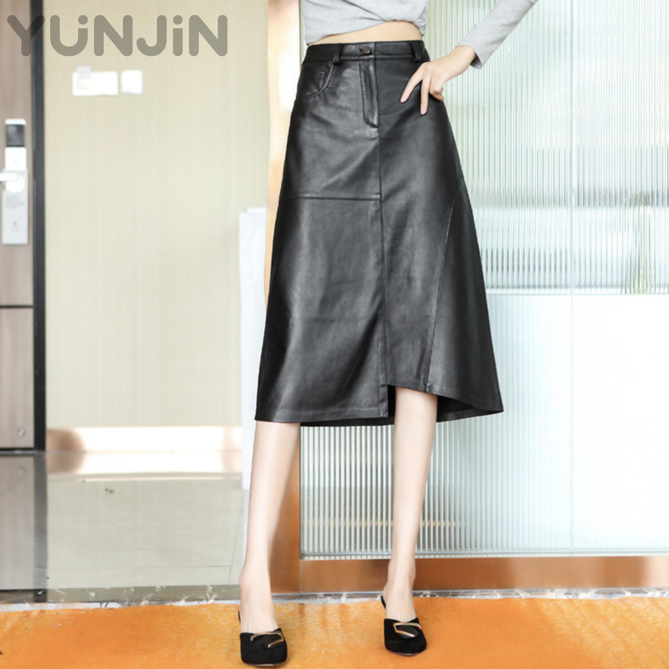 Women Genuine Sheep Leather Midi Skirt High Waist