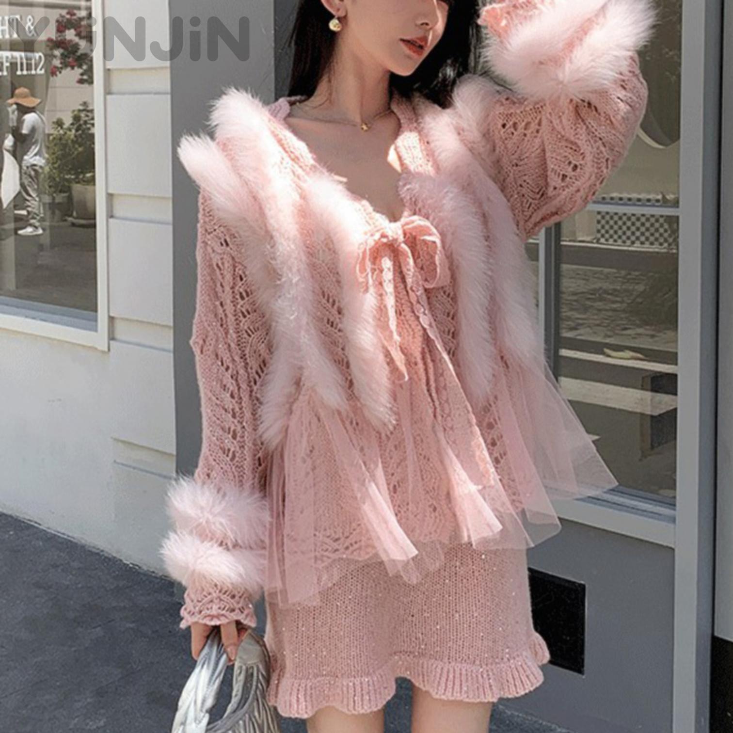 New Women's Real Fox Fur Trim Crochet Cardigan