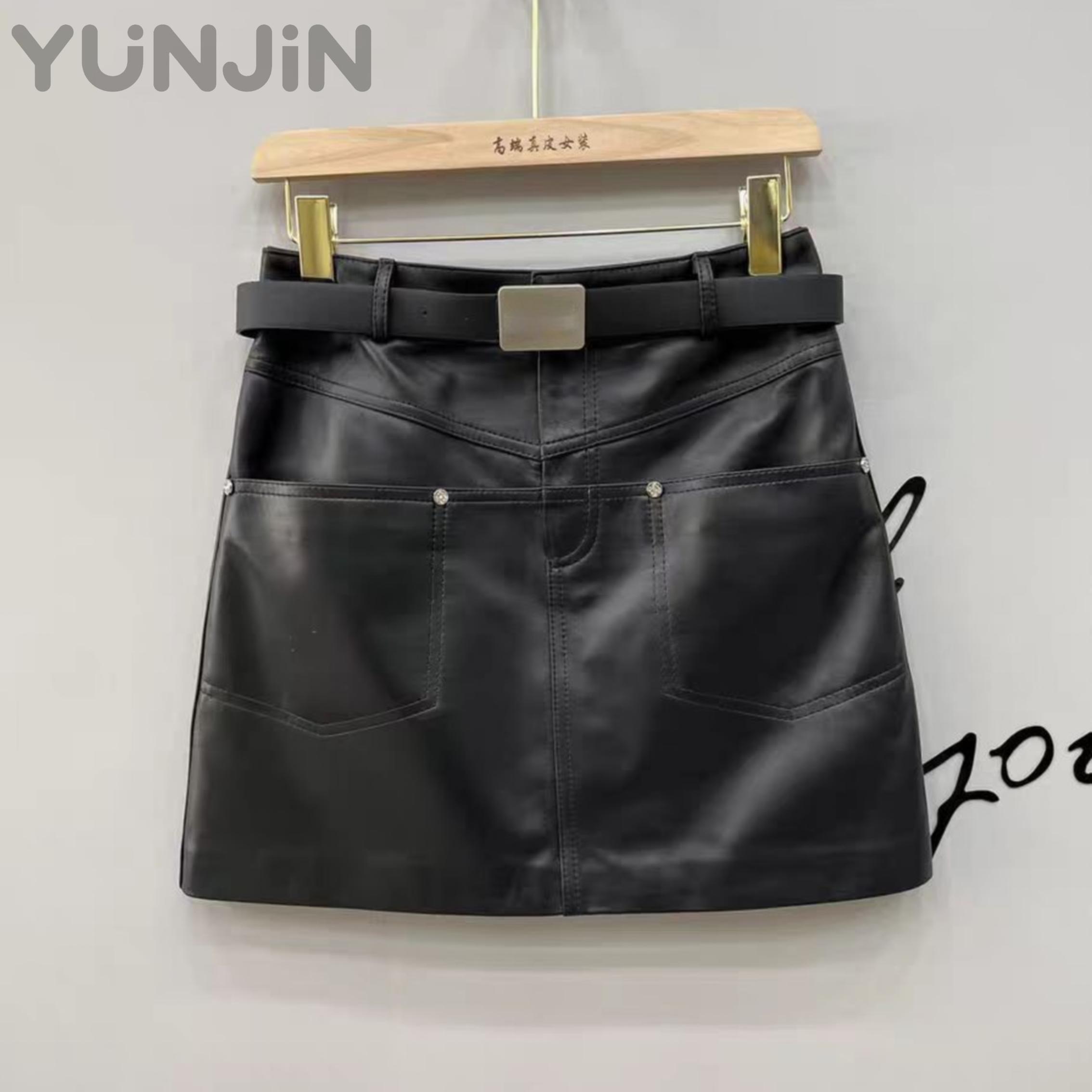 Women Genuine Sheep Leather Skirt High Waist a