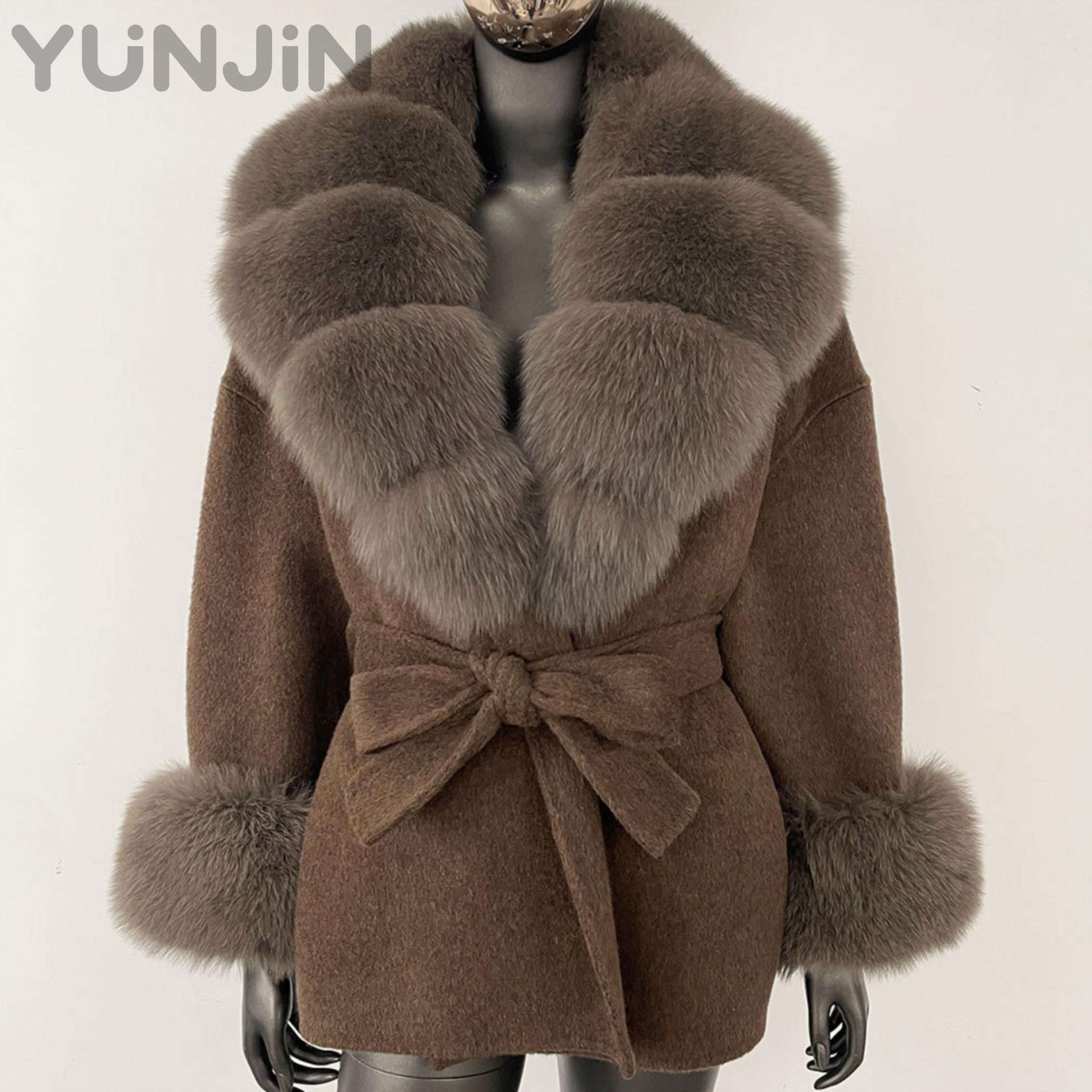 2025AW Women Oversized Fox Fur Collar Double-Faced Wool