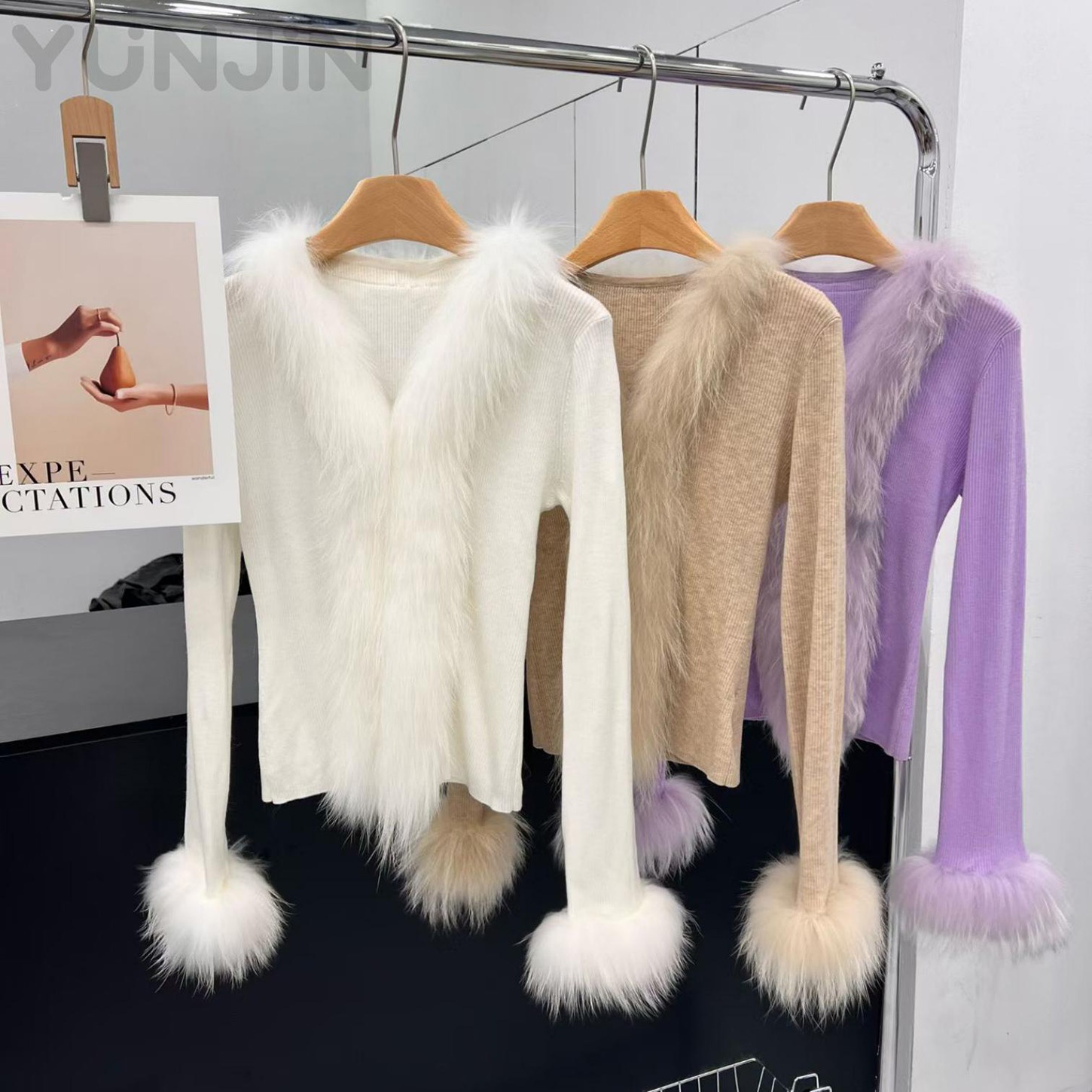 Design Real Fox Fur Placket Trim Women Knitted