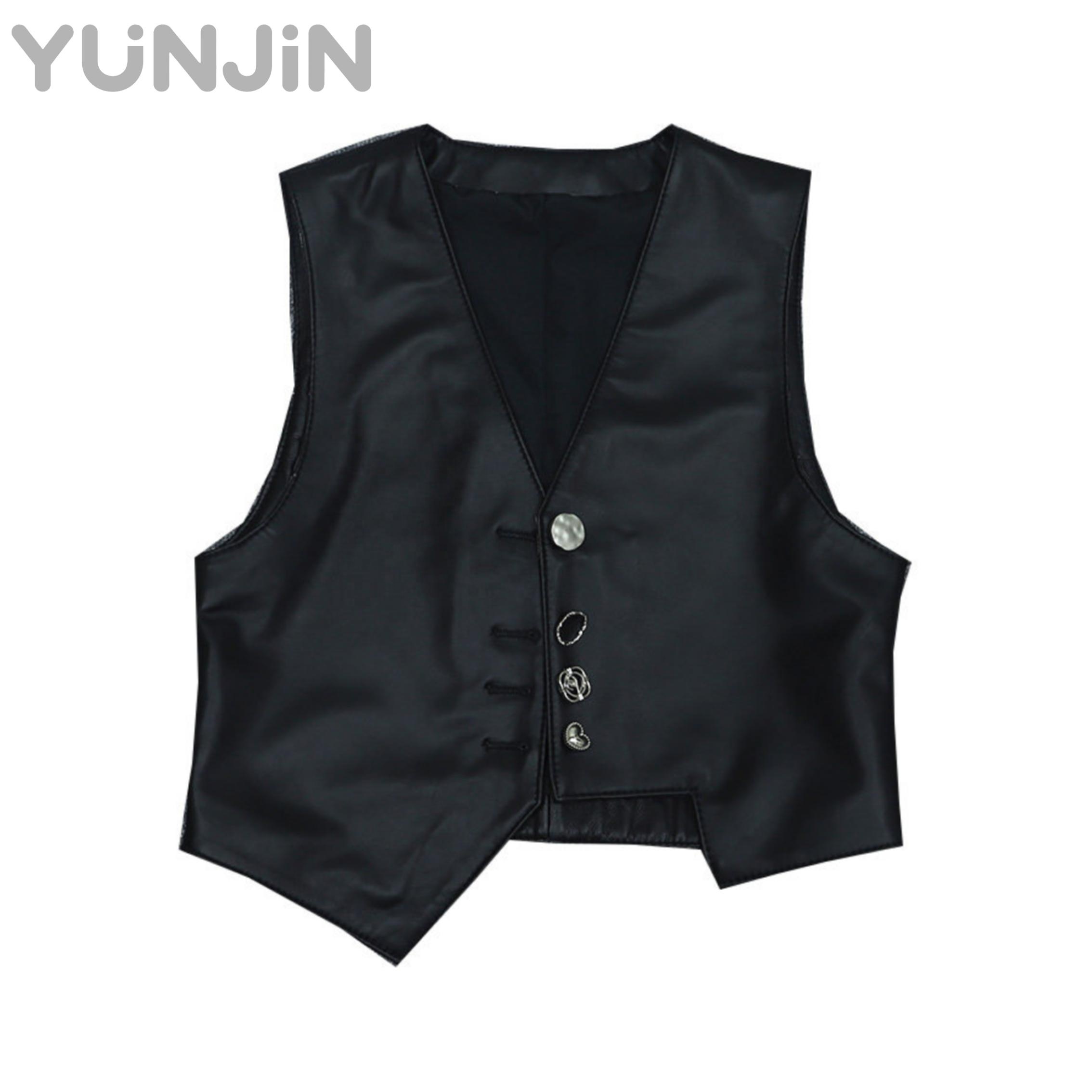 Women Leather Genuine Sheepskin Vest Cropped Retro Design